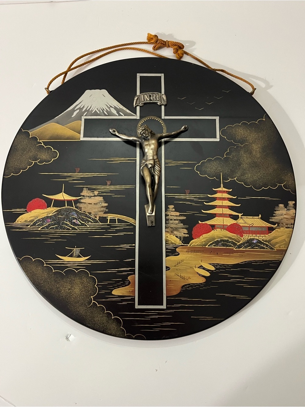 VTG Japanese Black Lacquer Crucifix Wall Plaque Mt Fuji Pagoda MOP Inlay 12”